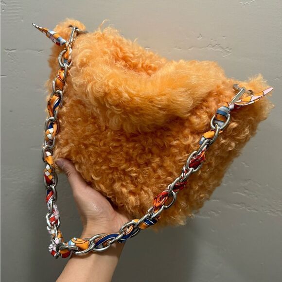 Multi Use Orange Genuine Curly Shearling Top Handle Bag/Shoulder Bag/Crossbody - Picture 13 of 16